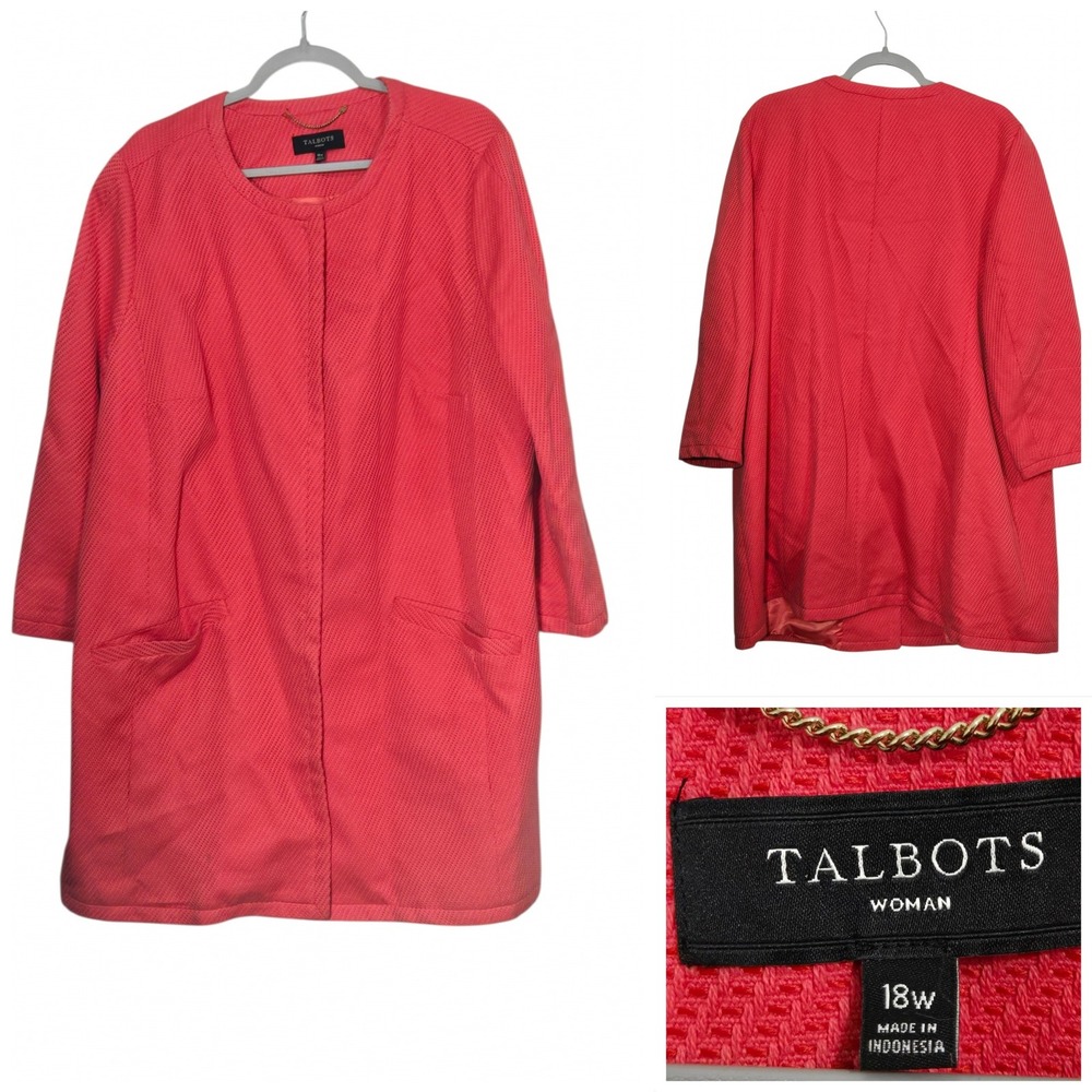 Talbots Woman Coral Pink Basketweave Open Front Coat Jacket 18W Plus Size